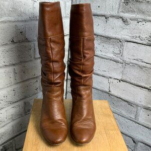 Vintage 70s Slouch Boots 38 US 7.5 Cognac Leather Retro Boho Knee High Mid Heel